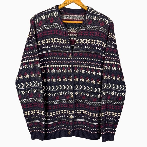 Vintage Cottagecore Cardigan Medium - Navy Burgundy Fair Isle Knit Sweater - Picture 1 of 6